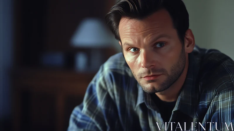 Man in plaid shirt is seated indoors facing camera directly