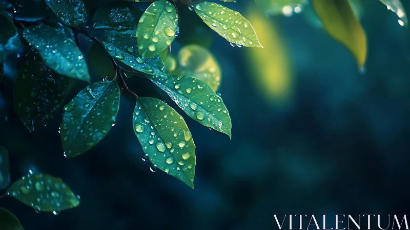 Rain-kissed green leaves glisten softly in twilight calm