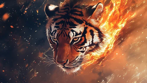 Tiger head emerges through swirling flames and sparks