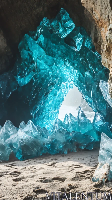 Turquoise crystalline cave entrance on sandy coastal floor.