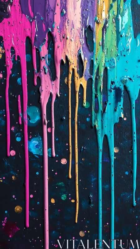 Vibrant neon paint drips cascade over a dark cosmic field