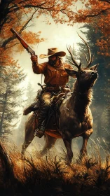 Autumnal frontier rider on stag mount with raised lever rifle.