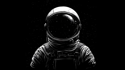 Monochrome frontal astronaut portrait against deep starfield
