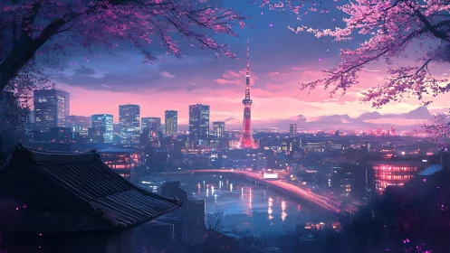 Urban skyline with tower and river under pink dusk sky.