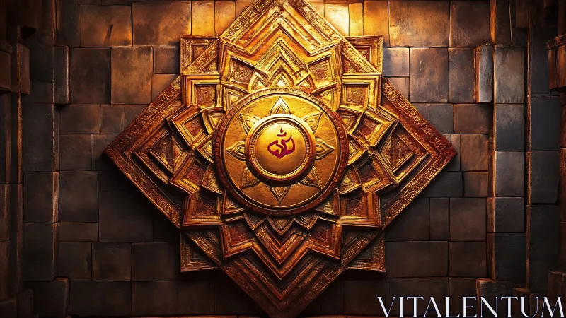Geometric golden mandala plaque on textured stone wall.
