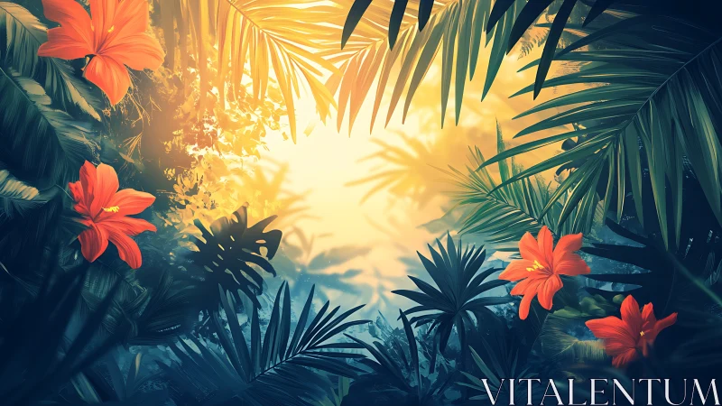 Tropical hibiscus canopy under warm atmospheric backlight.