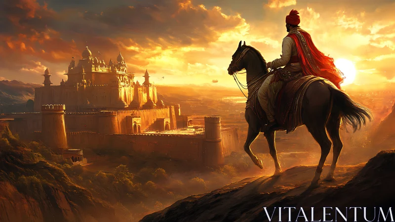 Warrior on horseback watching sunlit palace fortress.