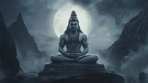 Seated deity sculpture before full moon in mountain valley.