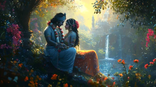 Radiant Divine Romance: Blue-Skinned Deities Beneath Luminescent Waterfall.