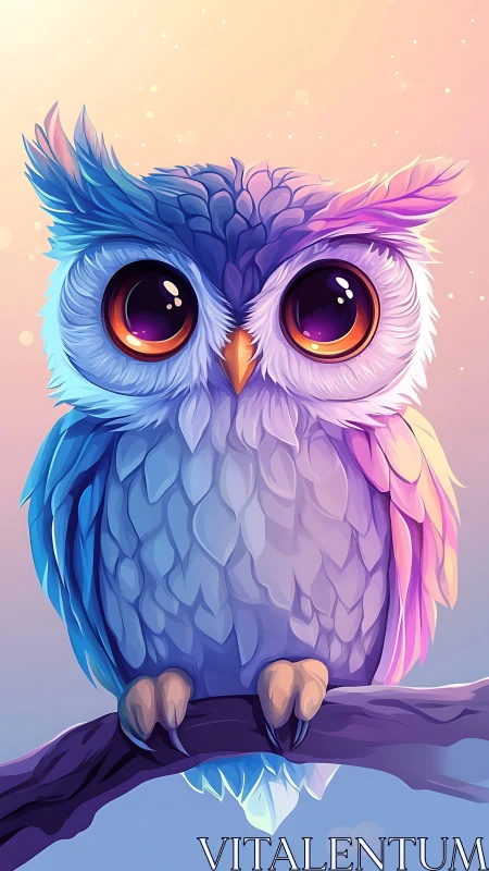 Vibrant neon owl illustration perched in pastel twilight.