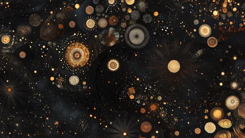 Radiant golden orbits expand across deep cosmic void