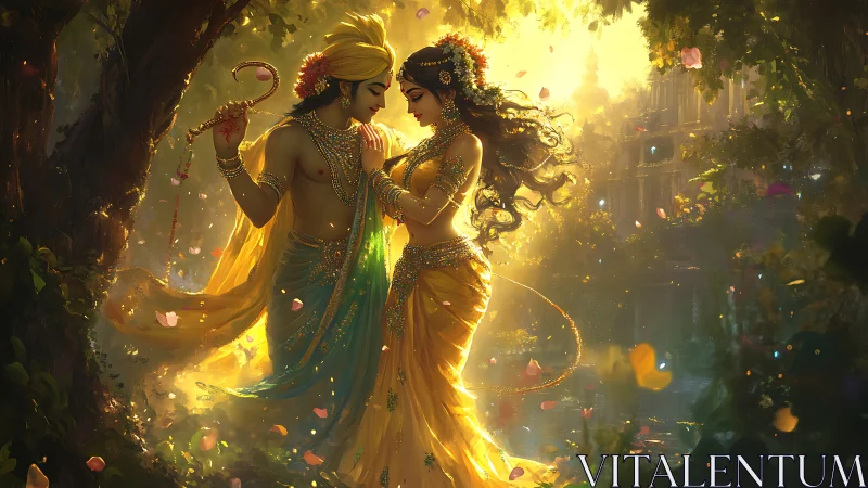 Sunlit forest lovers breathe golden music into the dawn