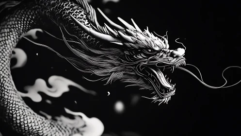 Monochrome dragon head rendered in detailed dynamic profile