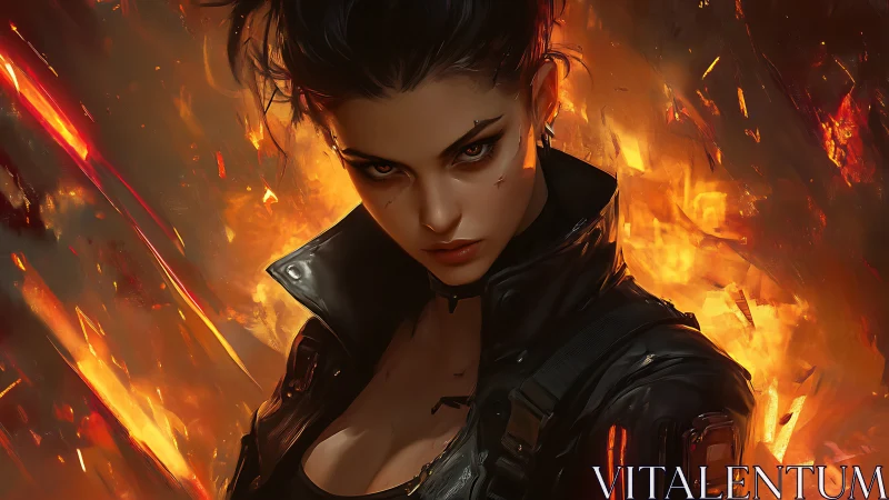 Futuristic female figure in black gear before rising flames.