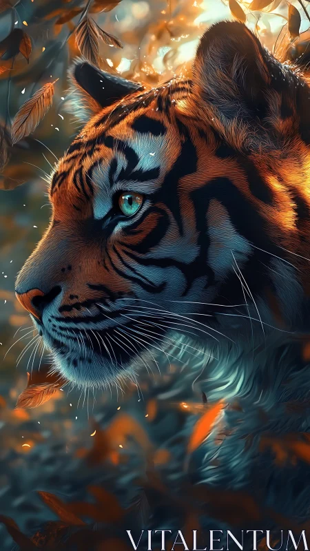 Digital painting profile study of tiger in luminous foliage.