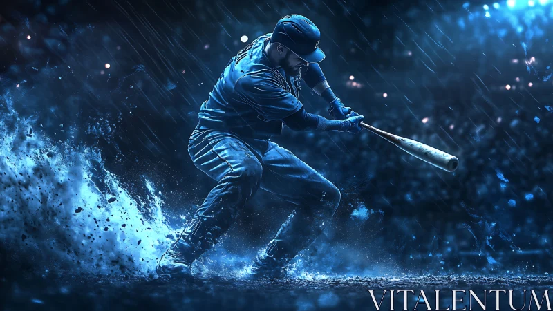 Digital rendering shows baseball batter swinging in heavy rain