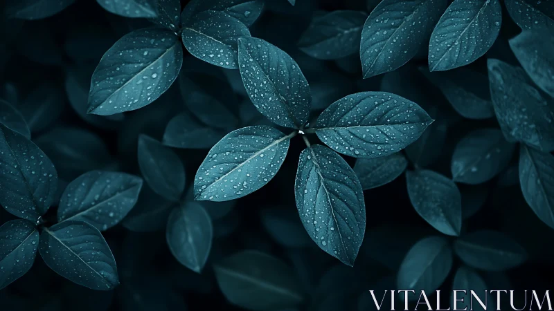 Moody macro capture shows dew-covered leaves in blue tones