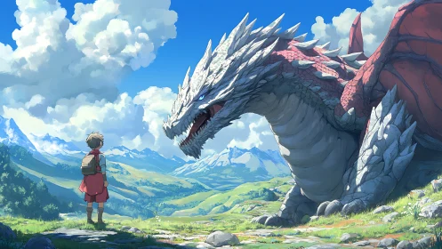 Boy facing large dragon in bright mountain valley.