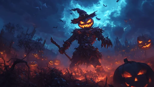 Pumpkin warlock scarecrow stalks a blazing Halloween field.