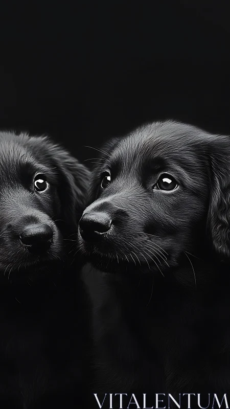 Twin black puppies gaze upward in dramatic low-key light.