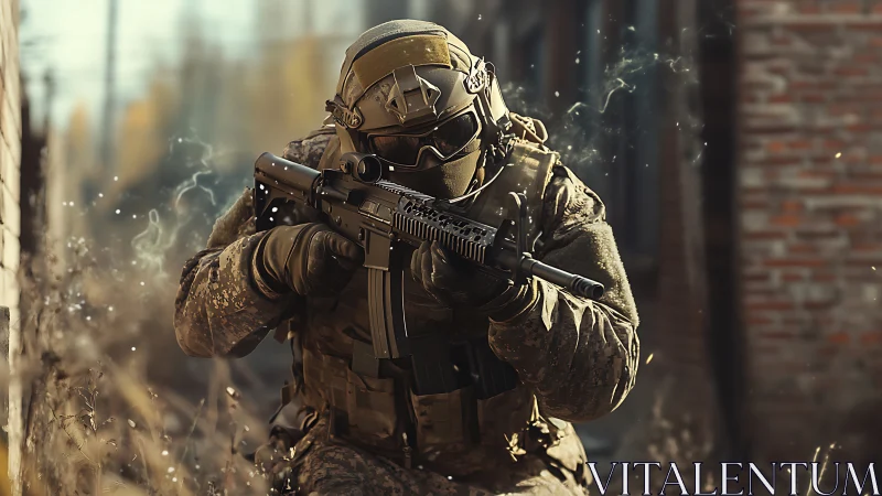 Tactical operator advancing with carbine in urban conflict zone