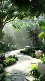 Sunlit stone path winding through a tranquil indoor garden dream.