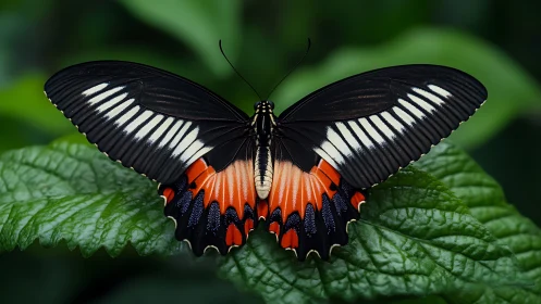 Swallowtail butterfly displays vivid tricolor wings spread wide