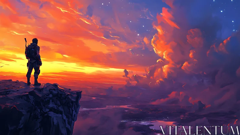 Digital painting of lone explorer on dusk-lit cliff horizon.