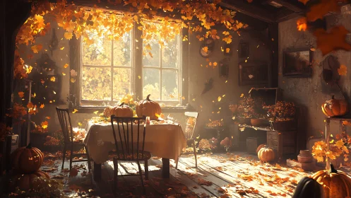 Sunlit rustic dining room filled with pumpkins and leaves