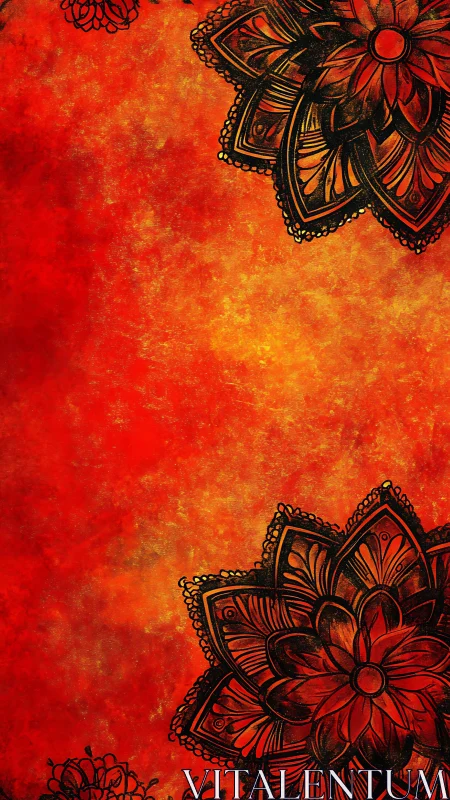 Ornate black mandala flourishes on fiery textured gradient.