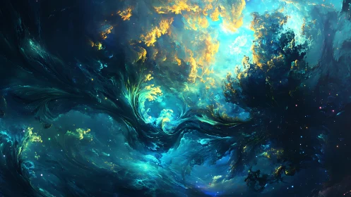 Celestial nebula vortex in luminous teal and gold clouds.