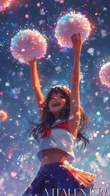 Joyful cheerleader under a sky of swirling confetti.