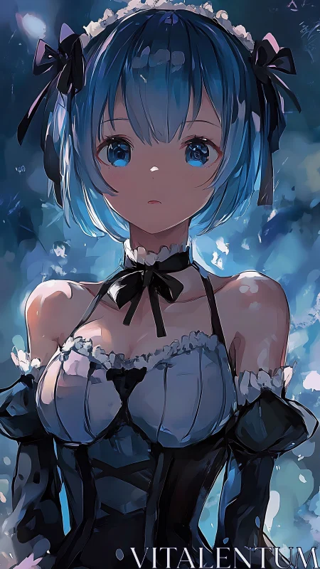 Blue haired anime maid girl in detailed evening portrait.