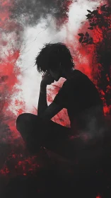 Silhouette of pensive person against red stormy sky.