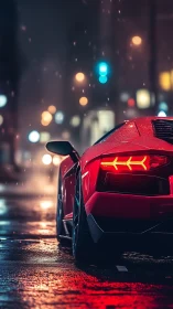 Scarlet supercar idling in neon-lit rain-soaked city street.
