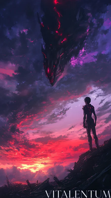 Human and skyborne leviathan meet under stormlit dusk.