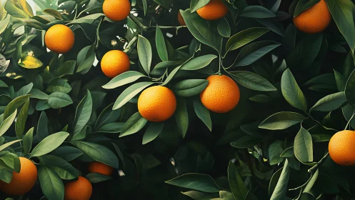 Ripe oranges hanging on dense green citrus foliage.