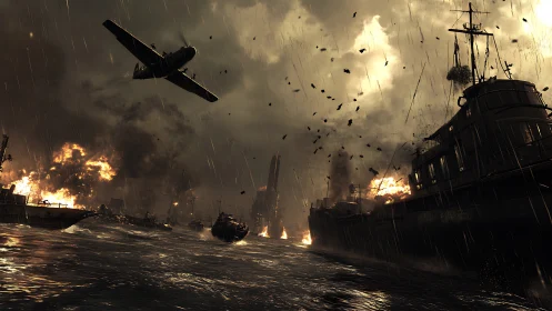War-torn naval harbor under air assault in cinematic storm light.