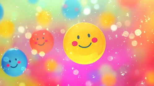 Smiling colorful bubbles on bright pastel bokeh background.
