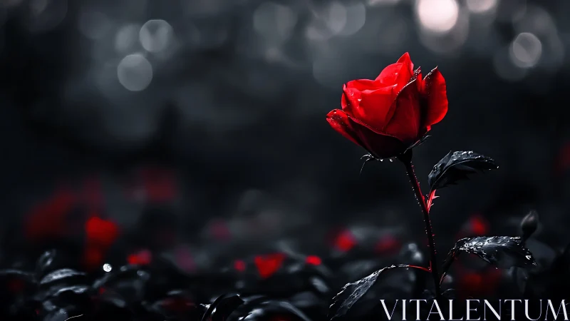 Red rose with dark foliage in dramatic low-key studio lighting