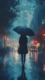 Umbrella ghost drifting through neon rainlit evening avenues.