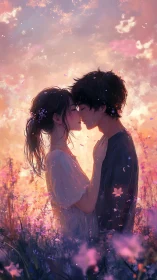 Twilight lovers suspended in a petal-lit meadow embrace.