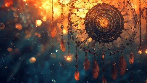 Luminous dreamcatcher halo glows against twilight embers.