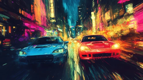 Neon street racers charging through electric night rain.