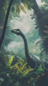 Sauropod dinosaur roaming misty prehistoric rainforest.