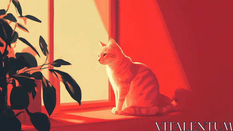 Sunlit tabby cat on windowsill in bold warm palette.