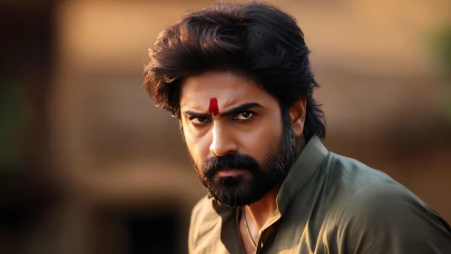 Intense man with red tilak under warm cinematic lighting.
