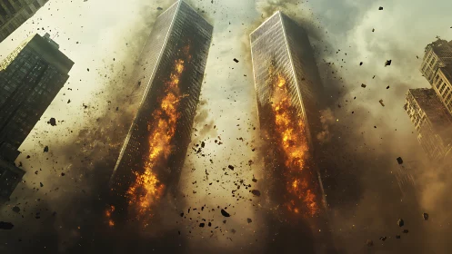 Twin high-rise towers engulfed in vertical fire columns.