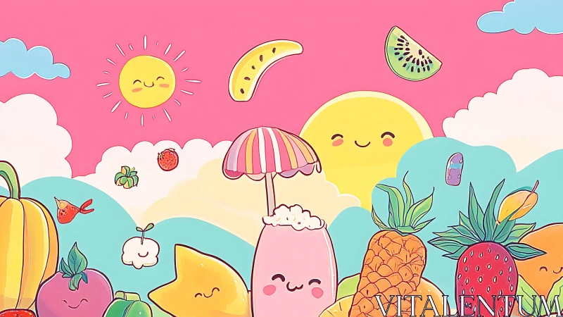 Sunny smoothie carnival with giggling kawaii fruit friends.