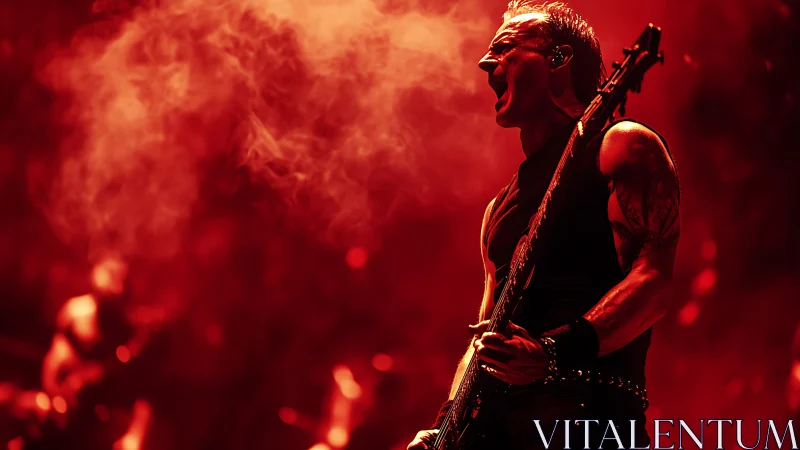 Red backlit rock bassist exhaling vapor on atmospheric stage